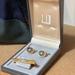 Vintage Dunhill Cufflinks & Tie Bar Set Gold Tone Marble Inlay Screw Motif Boxed
